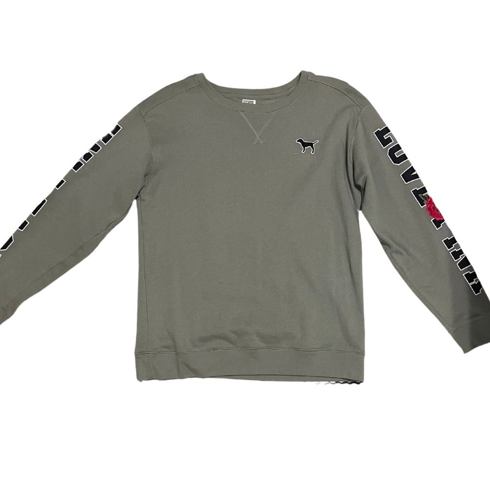 Victoria’s Secret PINK Olive Green Rose Embroidered Campus Pullover Sweater